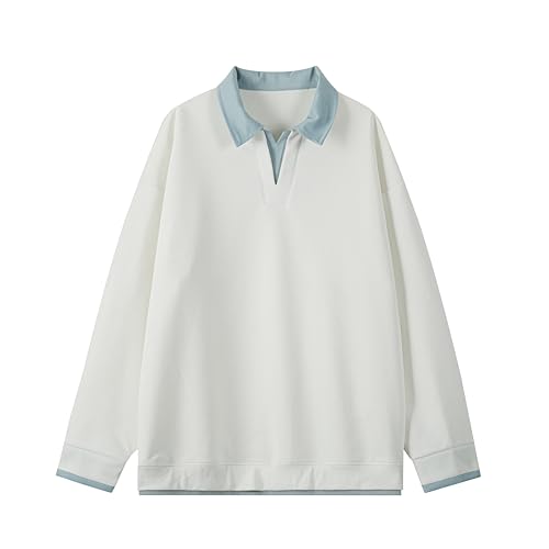 GURUNVANI Herren Farbe Block Polo Sweatshirts Loose Fit Langarm Pullover Shirt, Weiß, Mittel von GURUNVANI