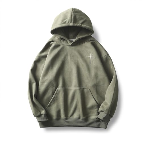 GURUNVANI Herren-Kapuzenpullover aus Wildlederimitat, bestickt, Kängurutasche, 23wy661green, Large von GURUNVANI