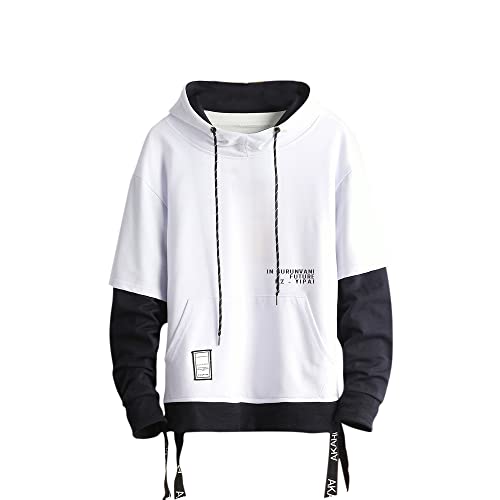 GURUNVANI Kontrastfarbe Pullover Hoodie Herren Patchwork Hoodies Männer, Weiß, M von GURUNVANI