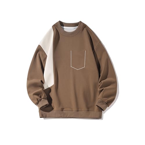 GURUNVANI Herren-Sweatshirt mit Farbblock, Rundhalsausschnitt, Patchwork-Sweatshirt, lockeres Workout-Pullover, Braun, XX-Large GURUNVANI Herren-Sweatshirt mit Farbblock, Rundhalsausschnitt, Patchwork-Sweatshirt, lockeres Workout-Pullover, Braun, XX-Large von GURUNVANI