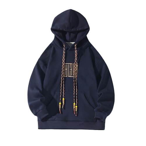 GURUNVANI Herren bestickter Hoodie Solid Sweatshirt Kordelzug Kängurutasche Pullover, Hw23868navyblue, X-Large von GURUNVANI