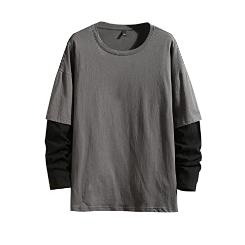 GURUNVANI Kontrastfarbe, langärmeliges T-Shirt, Herren, Patchwork-Pullover, 100% Baumwolle, Cs7001grey, S von GURUNVANI