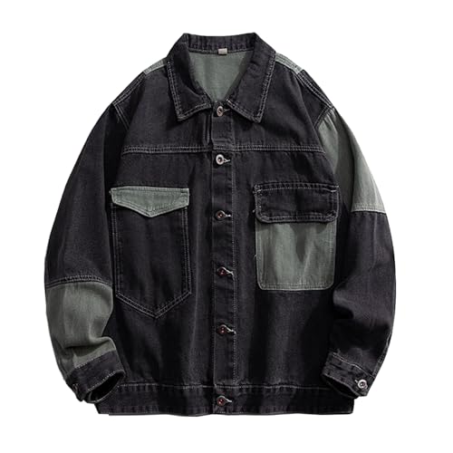 GURUNVANI Patchwork Denim Jacke Herren Übergröße Jean Mantel Knopf unten Outwear Tops, Schwarz, XX-Large GURUNVANI Patchwork Denim Jacke Herren Übergröße Jean Mantel Knopf unten Outwear Tops, Schwarz, XX-Large von GURUNVANI