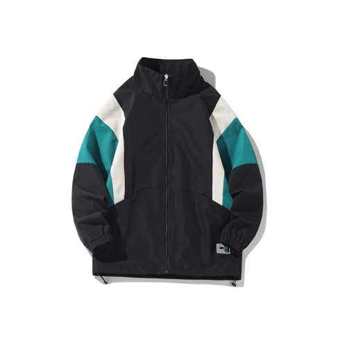 GURUNVANI Patchwork-Jacke für Herren, durchgehender Reißverschluss, Windbreaker, Vintage-Stil, Hj24081black, S von GURUNVANI