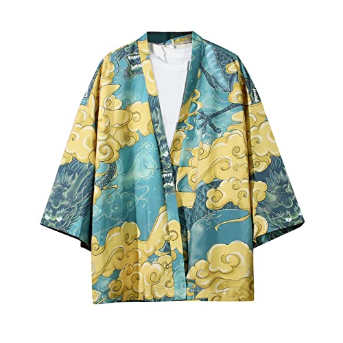 Herren Kurzarm Japanische Harajuku Hemd Sommer Jacke Tops Shirts, blau, XXL/3XL von GURUNVANI