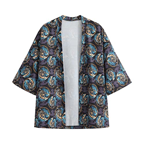 Herren Kurzarm Japanisches Harajuku Shirt Sommer Jacke Tops Shirts, 20F12Blau, L von GURUNVANI