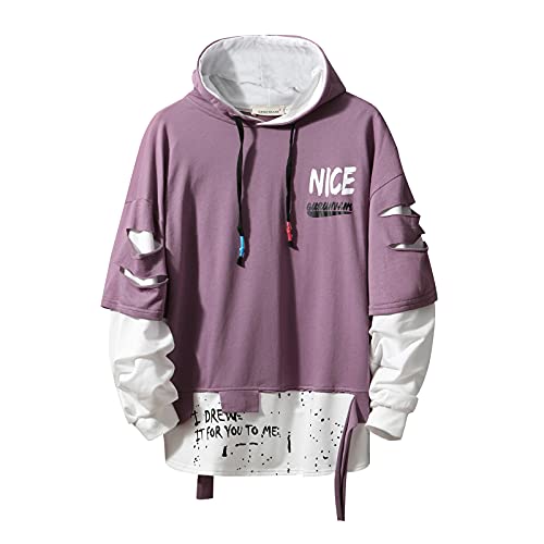 GURUNVANI Herren Mode Trends Hoodies Hip Hop Patchwork Pullover Hoodie Top, 19W161lila, XL/3XL von GURUNVANI