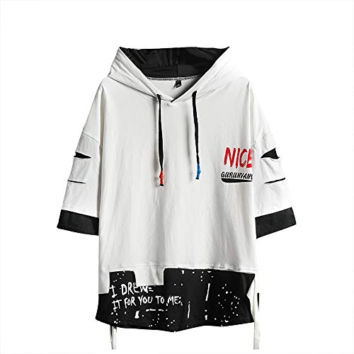 Herren Fashion Trends Hoodies Hip Hop Patchwork Pullover Hoodie Top, Weiß Halbarm, Large von GURUNVANI