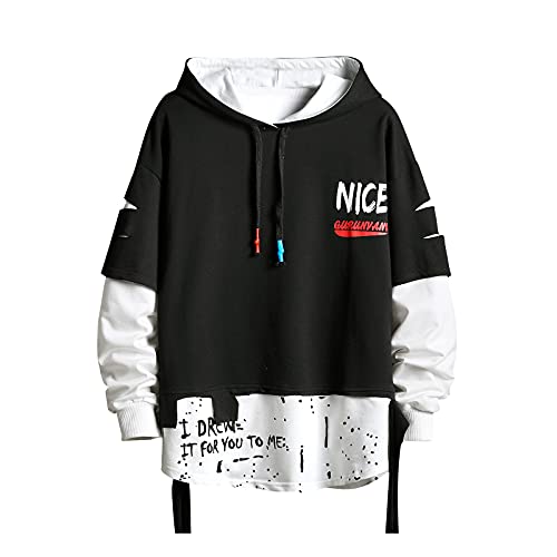GURUNVANI Herren Fashion Trends Hoodies Hip Hop Patchwork Sweater Hoodie Top, 19W161schwarz, Medium GURUNVANI Herren Fashion Trends Hoodies Hip Hop Patchwork Sweater Hoodie Top, 19W161schwarz, Medium von GURUNVANI