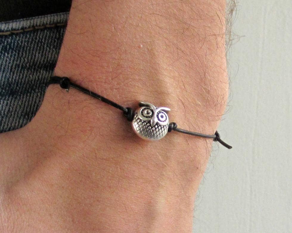 Eule, Herren Armband, Silber Eule Charme, Lederarmband Für Männer, Geschenk Ihn, Bestfriend Schmuck, Verstellbar von GUSFREE