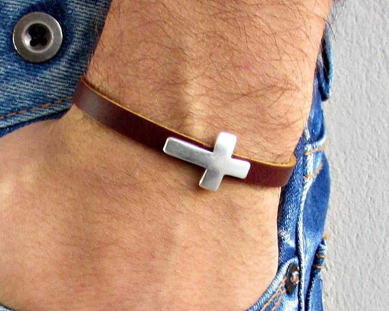 Kreuz Herren Leder Armband Manschette Zierliche Silber Unisex Angepasst Auf Ihre Handgelenkfathers Tag Geschenk von GUSFREE