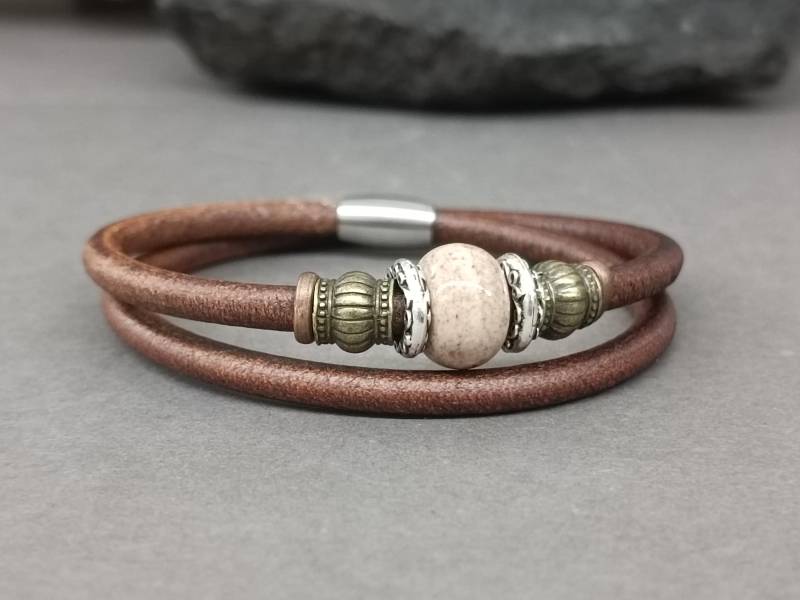 Herren Lederarmband Doppelt Gewickelte Porzellanperle, Personalisiert von GUSFREE