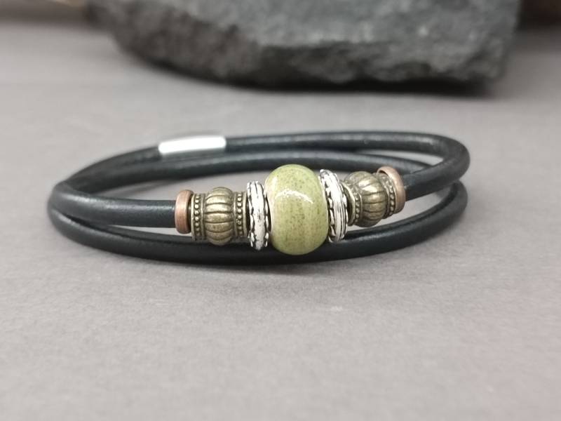 Herren Lederarmband Doppelt Gewickelte Porzellanperle, Personalisiert von GUSFREE