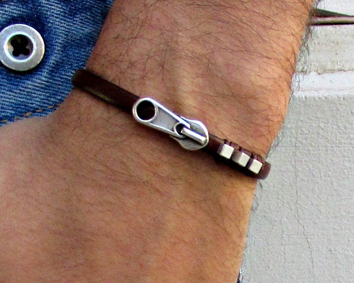 Zipper Herren Lederarmband Manschette Zierliches Silber Unisex Armband Angefertigt An Dein Handgelenkvatertagsgeschenk von GUSFREE