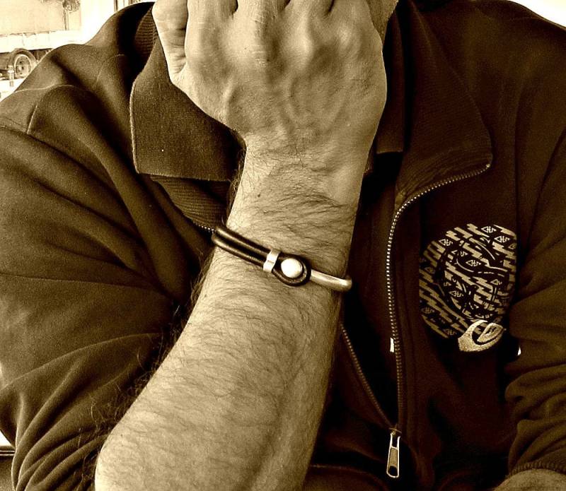 sterling Silber Herren Leder Armband Braun & Schwarz Cord Armreif von GUSFREE