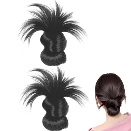 2 Stück Clip-on Feathered Bun Perücke, Clawclip Messy Bun Haarteil, Unordentlicher Dutt Haarteil Klammer, Mini Messy Bun Haarteile mit Klammer, Clip-On Feathered Bun Wig für Damen Mädchen (Schwarz) von GUSHE