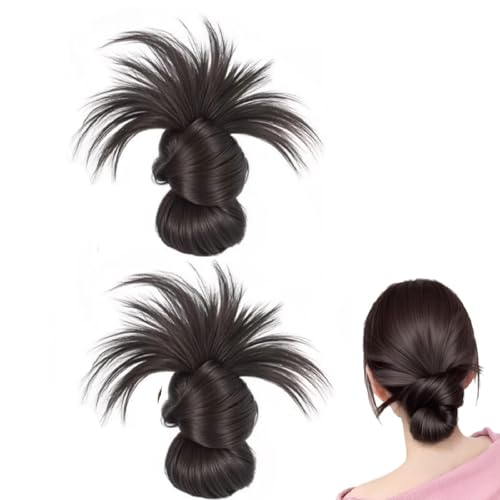 2 Stück Clip-on Feathered Bun Perücke,Clawclip Messy Bun Haarteil,Unordentlicher Dutt Haarteil Klammer,Mini Messy Bun Haarteile mit Klammer,Clip-On Feathered Bun Wig für Damen Mädchen (Braunschwarz) von GUSHE