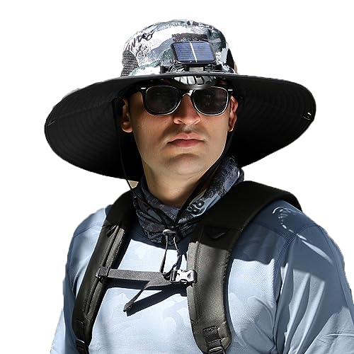 Solar & USB Charging Fan Outdoor Fishing Hat, Sonnenhut für Herren mit Ventilator, Breiter Krempe, Faltbar Atmungsaktiv, Kappe mit Ventilator Solar, Herren Sommer Outdoor Fischerhut (A) von GUSHE