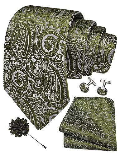 Gusleson Herren-Krawatte und Anstecknadel, Paisleymuster, Krawatte, Einstecktuch, Manschettenknöpfe, 8 cm, olivgrün, general von GUSLESON