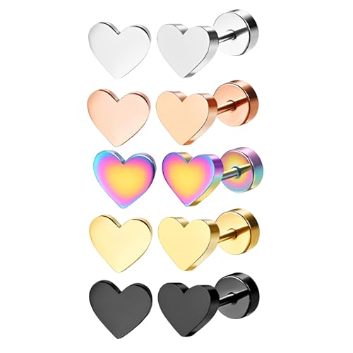 5 Paar Herz Ohrstecker Ohrringe Für Mädchen Damen, Hypoallergene Ohrringe Geschenke Mädchen Knorpel Tragus Ohrstecker Ohr Piercing, Helix Piercings (8mm) von GUSXPPD