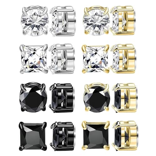 8 Paare Magnetische Ohrstecker, Edelstahl Magnet Ohrringe für Männer Frauen, Silber Schwarzer Cubic Zirkonia Ohrstecker, Nicht Piercing Clip auf Ohrstecker Ohrringe für Männer Junge Frauen (6MM) von GUSXPPD