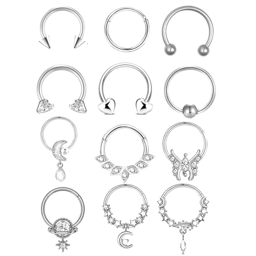 GUSXPPD 12 Stück Septum Piercing Schmuck, Edelstahl Nasenpiercing Rings, Nasenring Piercing Set, Nostril Piercing Rings Set, Mädchen Septum Ring, Hufeisen Piercing-Schmuck, Hoop Nase Ringe von GUSXPPD