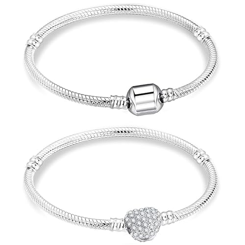 GUSXPPD 2 Stück Herz Snake Charm-Armband, Silber Armband für Charms, 17/18/19CM Silber Schlangen Armband, Schlangen Gliederarmband, Armbänder mit Herz Verschluss (19) von GUSXPPD