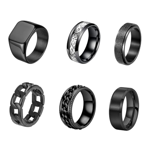 GUSXPPD 6 Stück Edelstahl Herren Ringe Schwarz Matt Poliert Band Ringe Flaschenöffner Ring Ehering Verlobungsringe Vintage Biker Ring Verlobungsringe für Herren Männer (9) von GUSXPPD