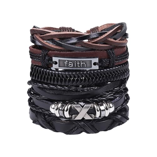 GUSXPPD 6 Stück Lederarmband Herren Damen, Punk Goth Leder Armband Set, Schwarz Geflochtenes Lederarmband, Verstellbar Punk Manschette Braun Herren, Holz Perlen Manschette Wickelarmband (C) von GUSXPPD