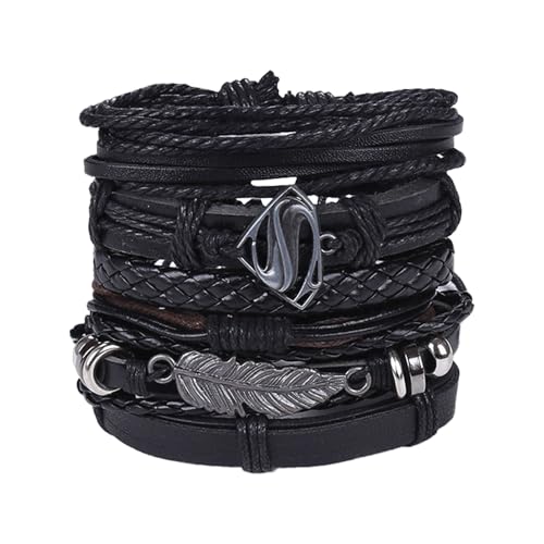 GUSXPPD 6 Stück Lederarmband Herren Damen, Punk Goth Leder Armband Set, Schwarz Geflochtenes Lederarmband, Verstellbar Punk Manschette Braun Herren, Holz Perlen Manschette Wickelarmband (F) von GUSXPPD