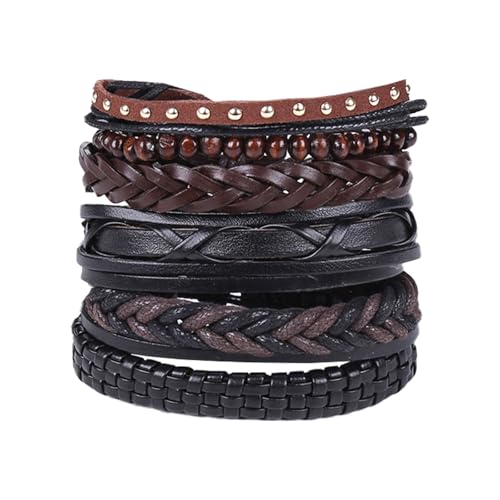 GUSXPPD 6 Stück Lederarmband Herren Damen, Punk Goth Leder Armband Set, Schwarz Geflochtenes Lederarmband, Verstellbar Punk Manschette Braun Herren, Holz Perlen Manschette Wickelarmband (K) von GUSXPPD