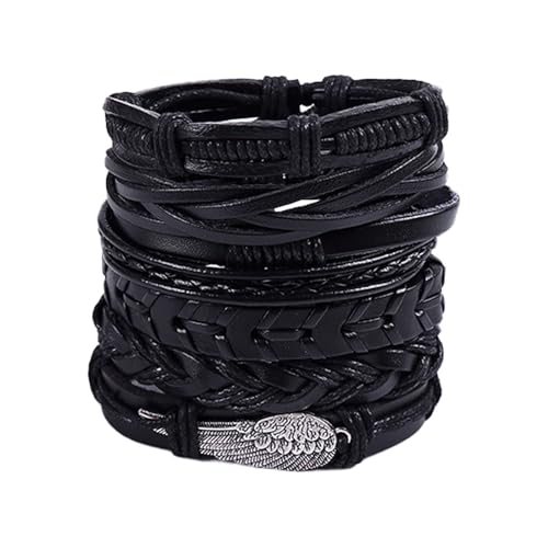 GUSXPPD 6 Stück Lederarmband Herren Damen, Punk Goth Leder Armband Set, Schwarz Geflochtenes Lederarmband, Verstellbar Punk Manschette Braun Herren, Holz Perlen Manschette Wickelarmband (U) von GUSXPPD