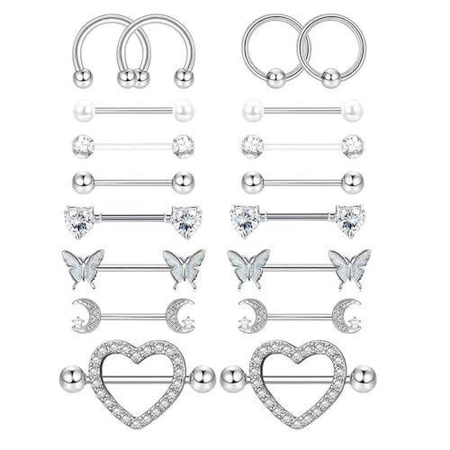 GUSXPPD 9 Paar Nippelpiercing für Damen, Edelstahl Nippel Piercing, Nippel Piercing Schmetterling Herz Barbell, Zungenpiercing Piercing Stab, Piercing Körperschmuck Set für Frauen Mädchen von GUSXPPD