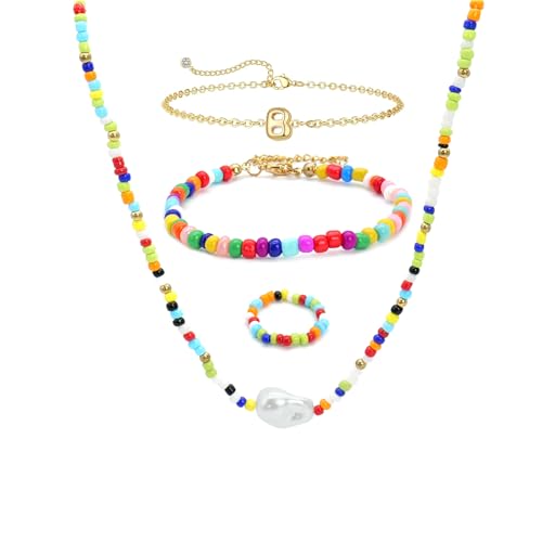 GUSXPPD Bunte Perlenkette, Tiny Bunte Kette, Regenbogen Samen Perlen Halskette, Halskette Bunte Perlen, Boho Strand Perlen Halsketten mit Süßwasserperlen Anhänger für Frauen (Multi-coloured B) von GUSXPPD