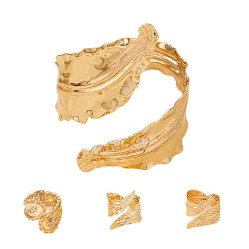 GUSXPPD Cuff Bangle Armbänder für Frauen, Open Adjustable Armband und Ring, Gold Bangles Chunky, Manschette Schmuck-Sets für Frauen Teenager Mädchen (Gold A) von GUSXPPD