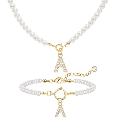 GUSXPPD Initialen Perlenkette Halskette Armbänder Set Damen Perlenschmuck Set Einstellbare A-Z Capital Initial Anhänger Perlenketten Perlenarmband mit Initial Geschenke für Frauen (Weiß A) von GUSXPPD