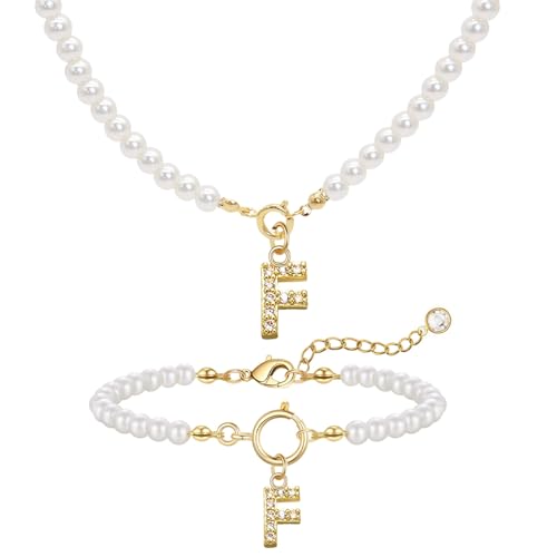 GUSXPPD Initialen Perlenkette Halskette Armbänder Set Damen Perlenschmuck Set Einstellbare A-Z Capital Initial Anhänger Perlenketten Perlenarmband mit Initial Geschenke für Frauen (Weiß F) von GUSXPPD