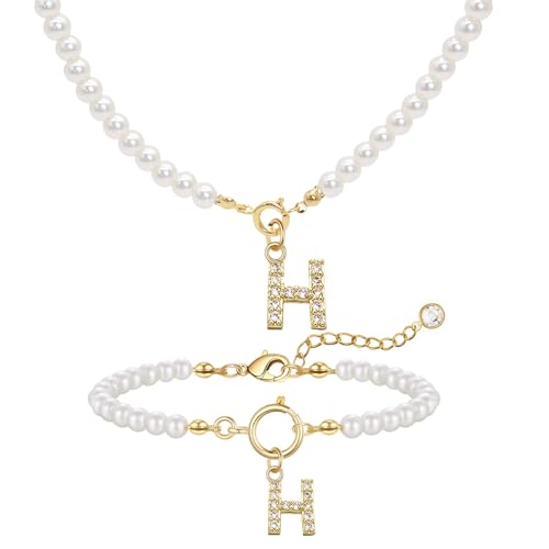 GUSXPPD Initialen Perlenkette Halskette Armbänder Set Damen Perlenschmuck Set Einstellbare A-Z Capital Initial Anhänger Perlenketten Perlenarmband mit Initial Geschenke für Frauen (Weiß H) von GUSXPPD