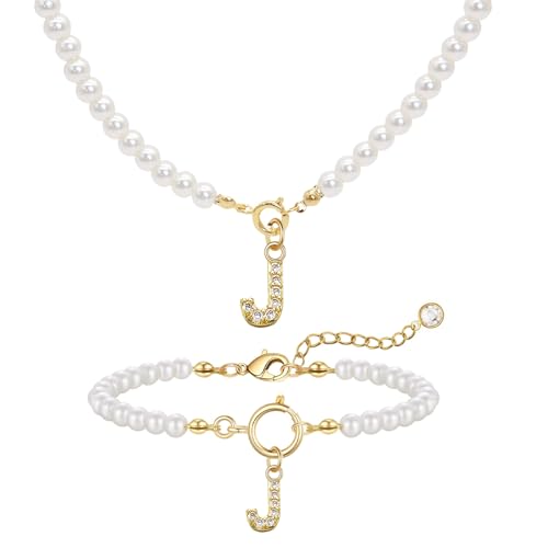 GUSXPPD Initialen Perlenkette Halskette Armbänder Set Damen Perlenschmuck Set Einstellbare A-Z Capital Initial Anhänger Perlenketten Perlenarmband mit Initial Geschenke für Frauen (Weiß J) von GUSXPPD