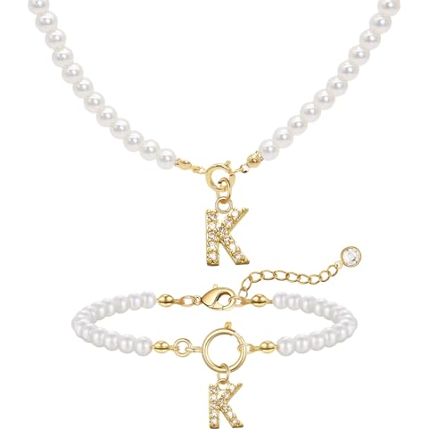 GUSXPPD Initialen Perlenkette Halskette Armbänder Set Damen Perlenschmuck Set Einstellbare A-Z Capital Initial Anhänger Perlenketten Perlenarmband mit Initial Geschenke für Frauen (Weiß K) von GUSXPPD