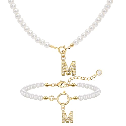 GUSXPPD Initialen Perlenkette Halskette Armbänder Set Damen Perlenschmuck Set Einstellbare A-Z Capital Initial Anhänger Perlenketten Perlenarmband mit Initial Geschenke für Frauen (Weiß M) von GUSXPPD