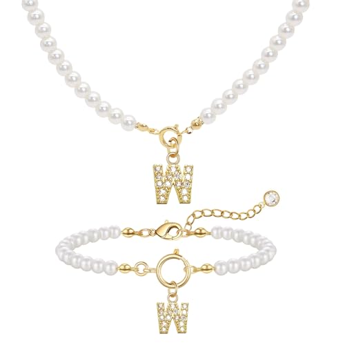 GUSXPPD Initialen Perlenkette Halskette Armbänder Set Damen Perlenschmuck Set Einstellbare A-Z Capital Initial Anhänger Perlenketten Perlenarmband mit Initial Geschenke für Frauen (Weiß W) von GUSXPPD