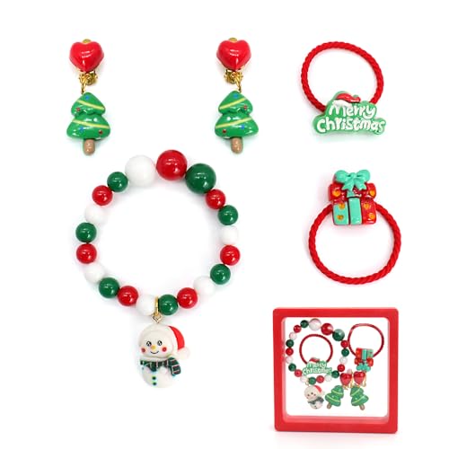 GUSXPPD Weihnachten Schmuck Set, Weihnachten Schmuck Favors Set für kleine Mädchen, Weihnachten Geschenk Mädchen Anhänger Perlen Armbänder, Weihnachten Armband Haar Seil Clip Ohrringe Set von GUSXPPD