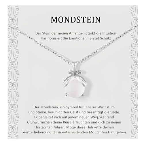 Halskette Glühwürmchen Mondstein Halskette Damen Kette mit Anhänger 40-45 cm Länge verstellbarIdee Original Geschenk Frauen Muttertag, Teenager Mädchen (Silber) von GUSXPPD