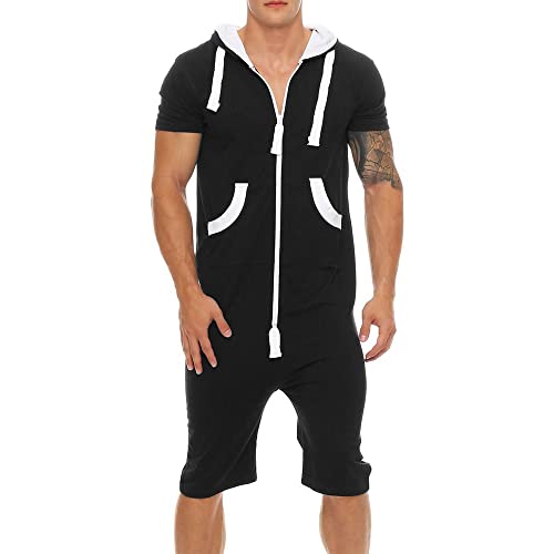 GUSYBON Herren Jumpsuit Kapuzenoverall Sommer Jogginghose Kurze Hose Jogging Anzug (3XL, Schwarz) von GUSYBON