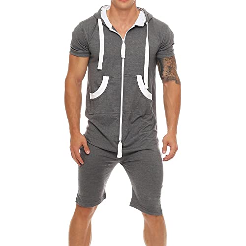 GUSYBON Herren Jumpsuit Kapuzenoverall Sommer Jogginghose Kurze Hose Jogging Anzug (XL, Grau) von GUSYBON