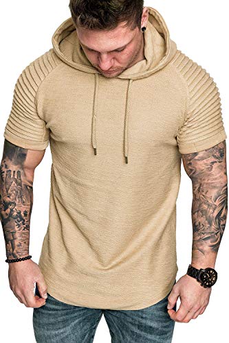 Herren Pullover Hoodie Kurzarm Baumwolle Plissierte Raglanärmel Freizeit T-Shirt Rundhalsausschnitt mit Kordelzug (M, Gelb) von GUSYBON