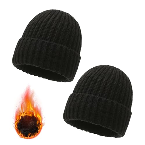 GUTERTOP 2 Stück Damen Mütze Winter, mit Bündchen und Dickem Warmem Futter Strickmütze Damen, Dehnbare Laufmützen Haube Damen Winter für Kaltes Wetter von GUTERTOP