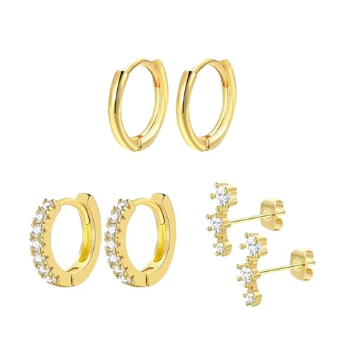 GUTERTOP 3 Paar Ohrringe Silber S925 für Damen Mädchen 14K Vergoldet Ohrringe Creolen Silber S925 Blatt Schmetterling Zirkonia Ohrstecker Silber S925 Klein Schlafen Knorpel Ohrringe Set von GUTERTOP