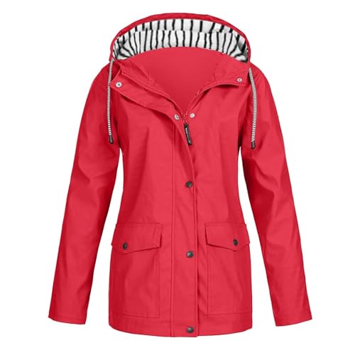 GUTOUWAN Regenjacke Damen Wasserdichte Windjacke Kurz Leichte Übergangsjacke Einfarbig Softshelljacke Kapuzenjacke Reißverschluss Outdoorjacke mit Kapuze 04-Rot XXL von GUTOUWAN